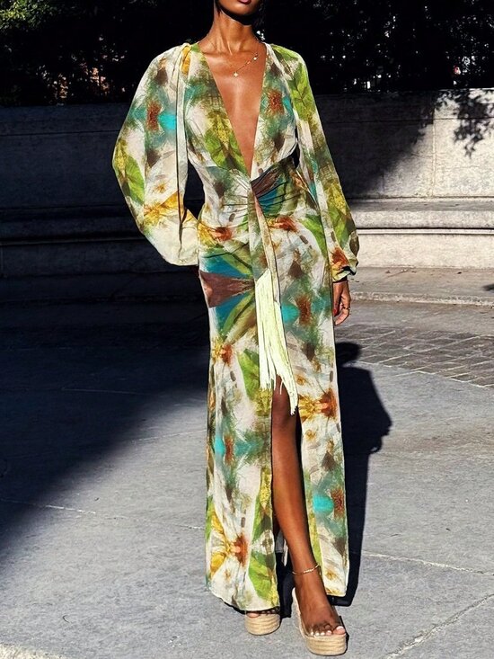 MODA ME COUTURE Dresses & Skirts - Green Sexy Women's Deep V Neck Loose Fit Tassel Long Sleeve Maxi Dress